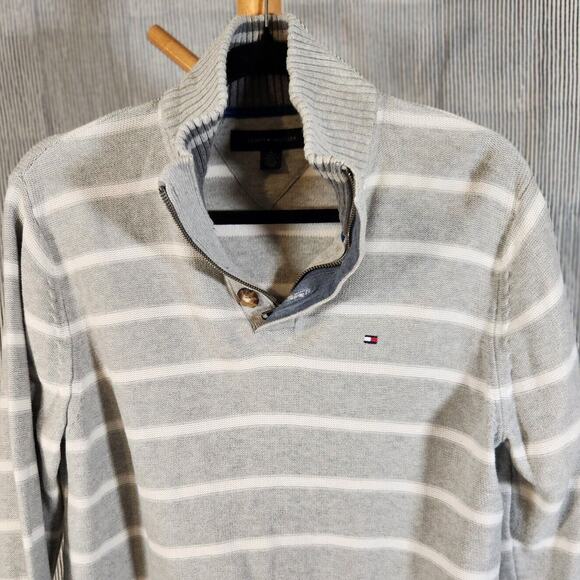 Tommy Hilfiger $90 Medium Gray Blue Striped 100% Cotton Quarter Zip Sweater - Picture 3 of 9